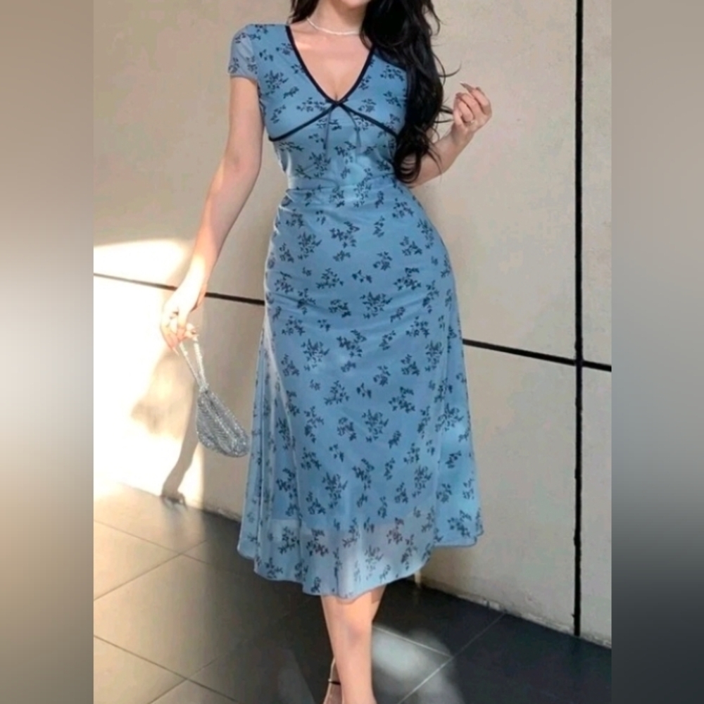 Blue Floral Mesh Dress Midi Length - Size Large